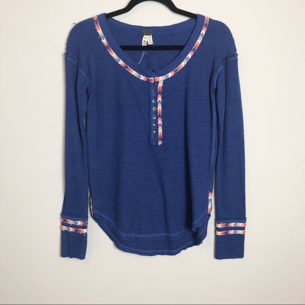Free People Cobalt Blue Long Sleeve Henley with Multicolor Trim